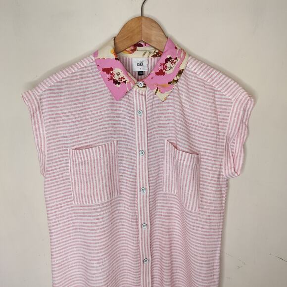 Cabi 6512 Merger Top Pink Stripe Floral Collar Button Up - Picture 2 of 11